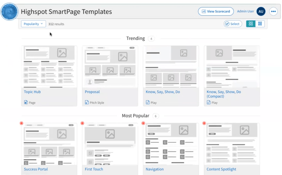 Highspot’s SmartPage feature lets you build content organization pages from templates or from scratch.