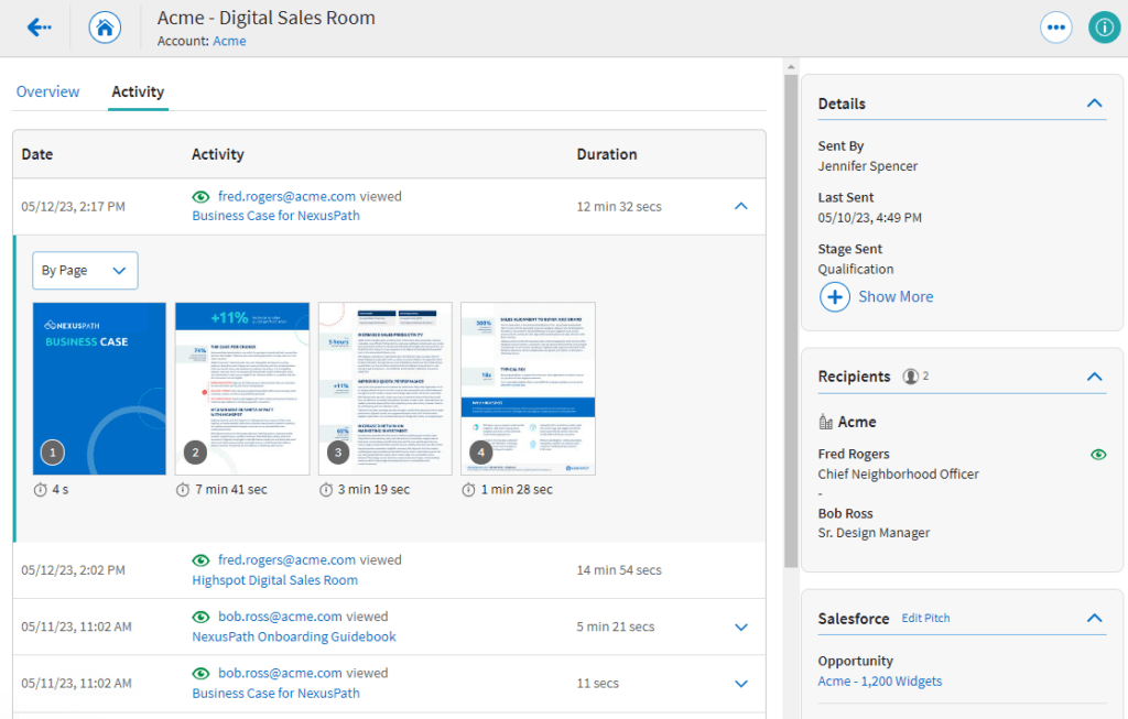 Highspot’s salesroom insights show you the salesroom details like who it’s shared with and the content engagement insights where you can see what content has the most engagement time.