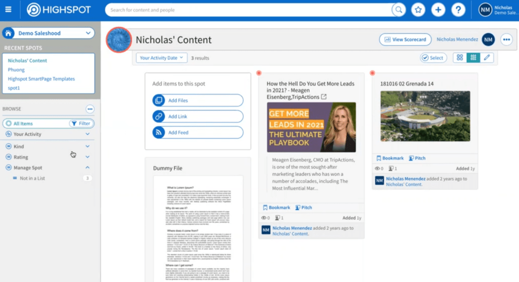 Highspot’s individual content spots contain relevant pitch decks, documents, and case studies for a certain category.