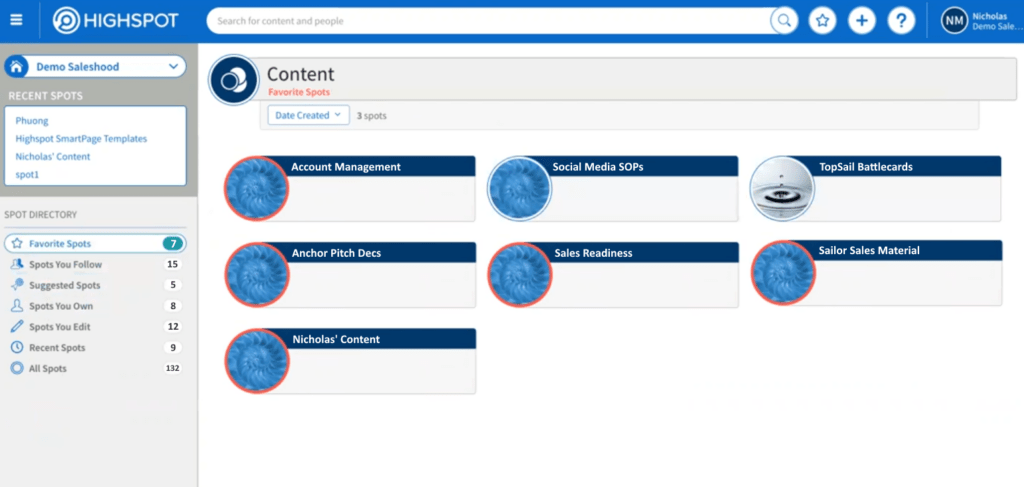 Highspot’s content management interface divides content categories into ‘spots’.