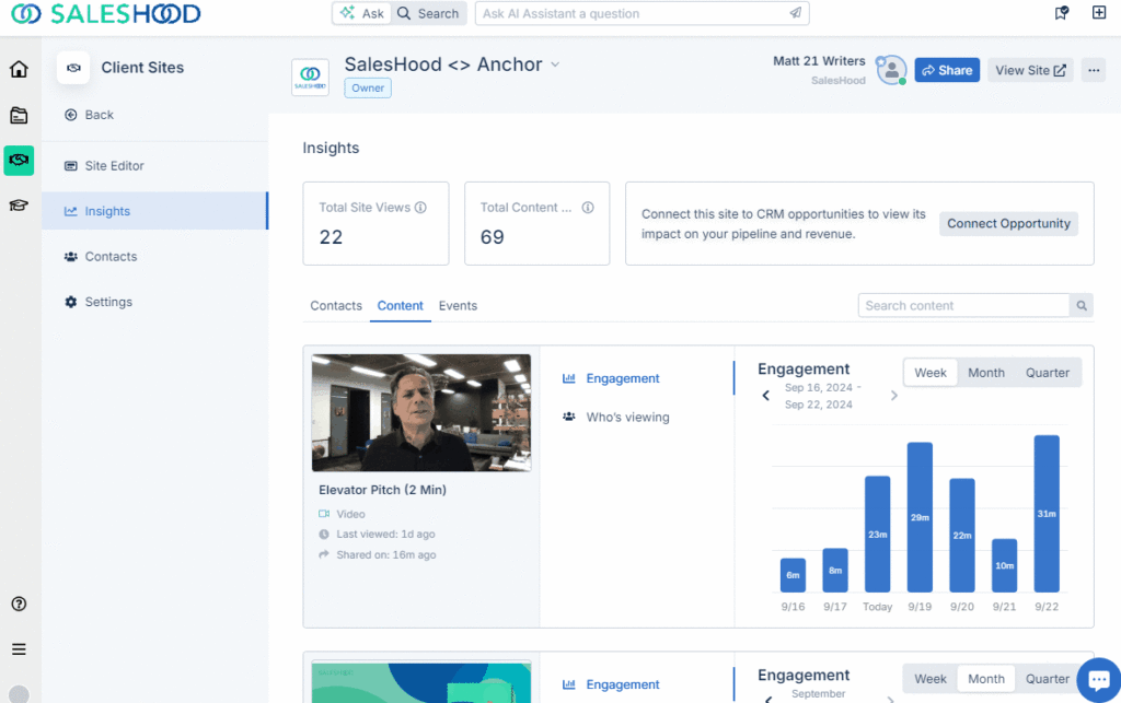 SalesHood’s engagement metrics can be sorted by week, month, or quarter so you can easily follow sales KPIs.