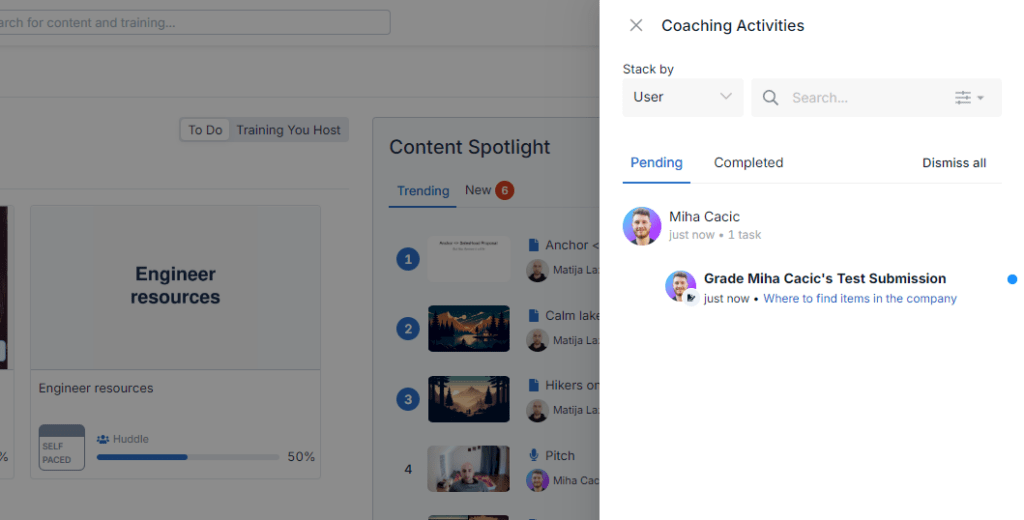 SalesHood’s coaching feature allows you to put sales reps through a test.