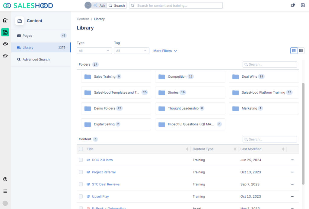 SalesHood’s content management system is split into a Library and Pages.