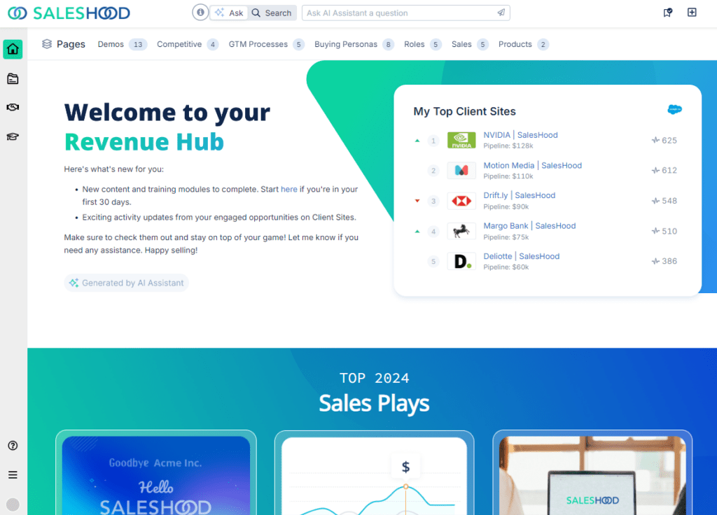 SalesHood’s home screen is a personalized homepage tailored by tenure and role.