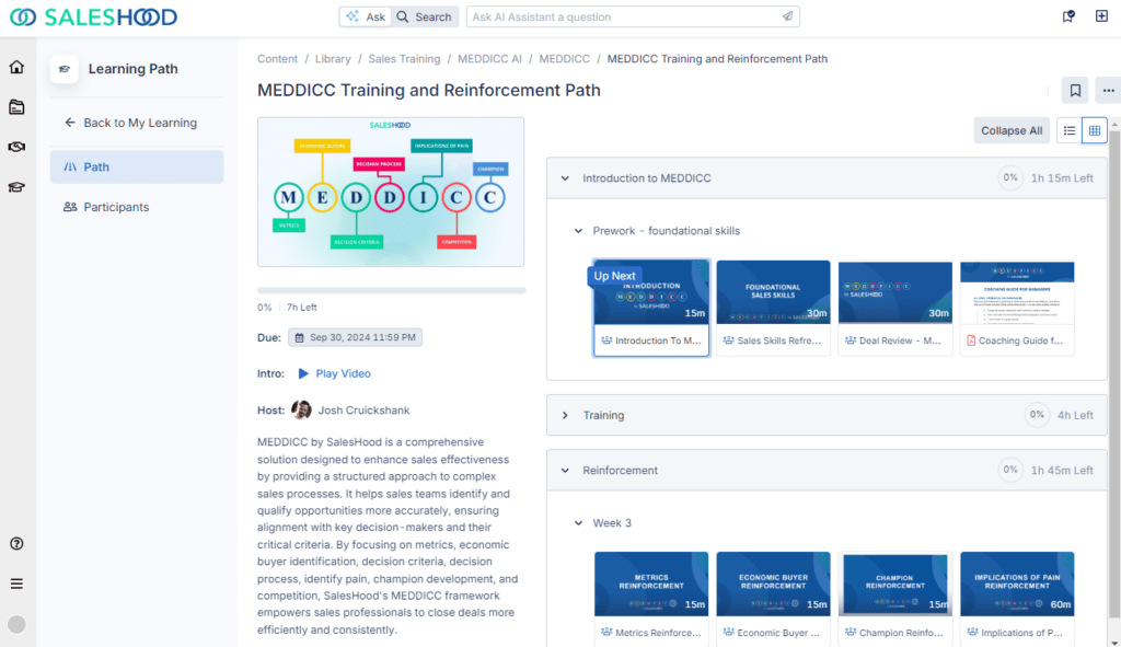 SalesHood’s Learning Paths work as courses and chain together Huddles with relevant content.