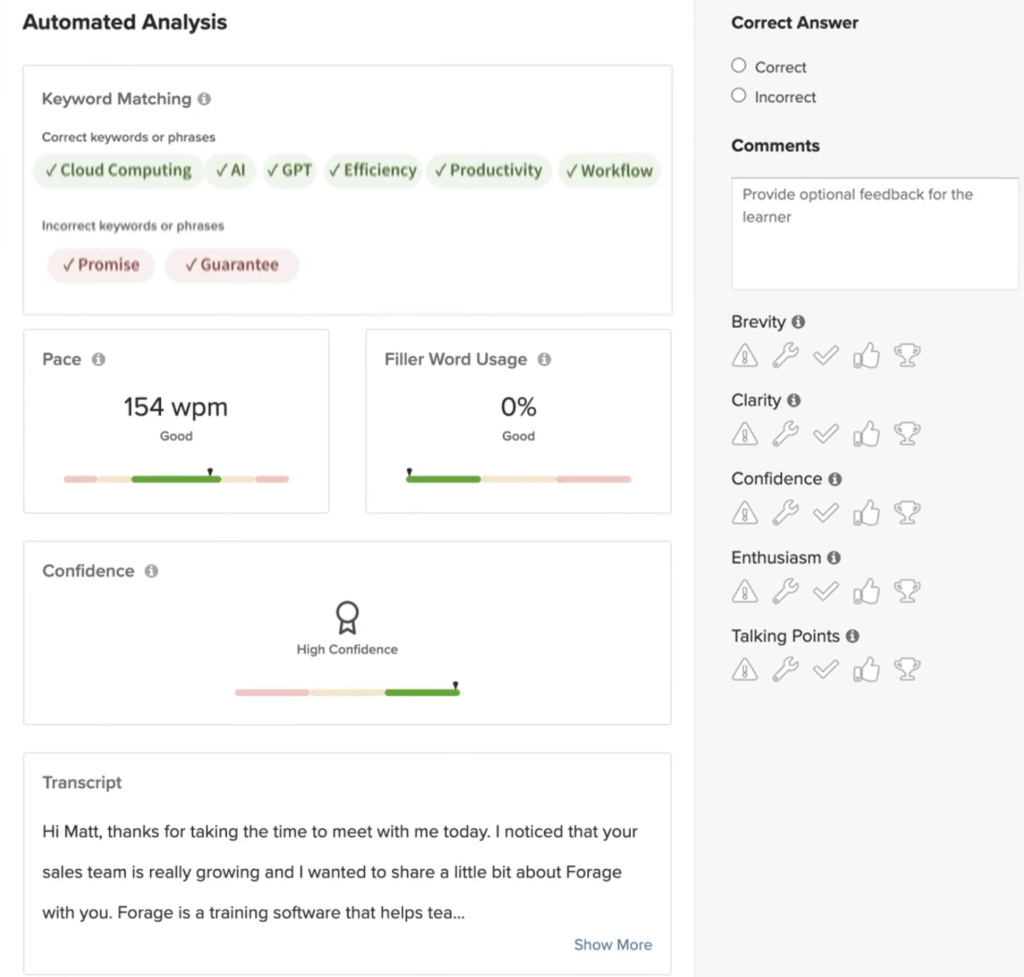 Seismic’s AI pitch practice assesses performance based on given criteria.