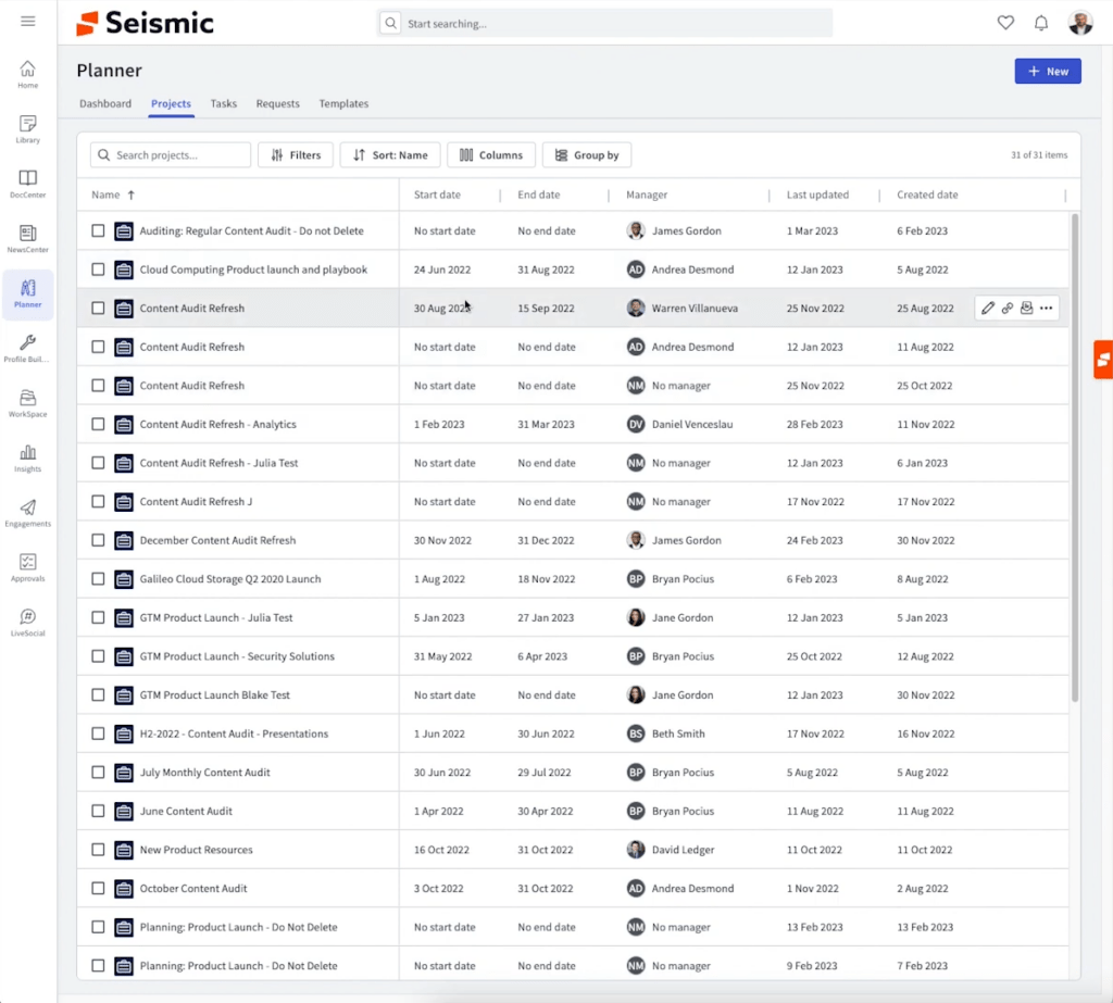 Seismic’s Planner feature allows you to plan and manage content marketing projects and tasks.