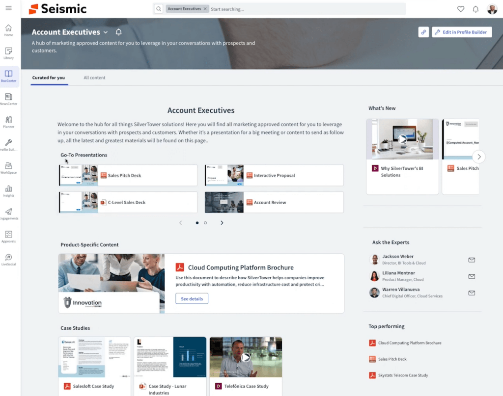 Seismic’s content management system allows you to build pages that collect relevant content around specific topics.