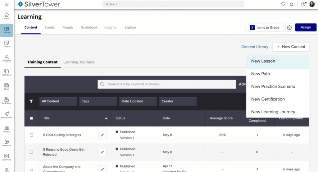 Seismic’s Learning hub allows you to create learning materials with lessons, paths, practice scenarios, and more.