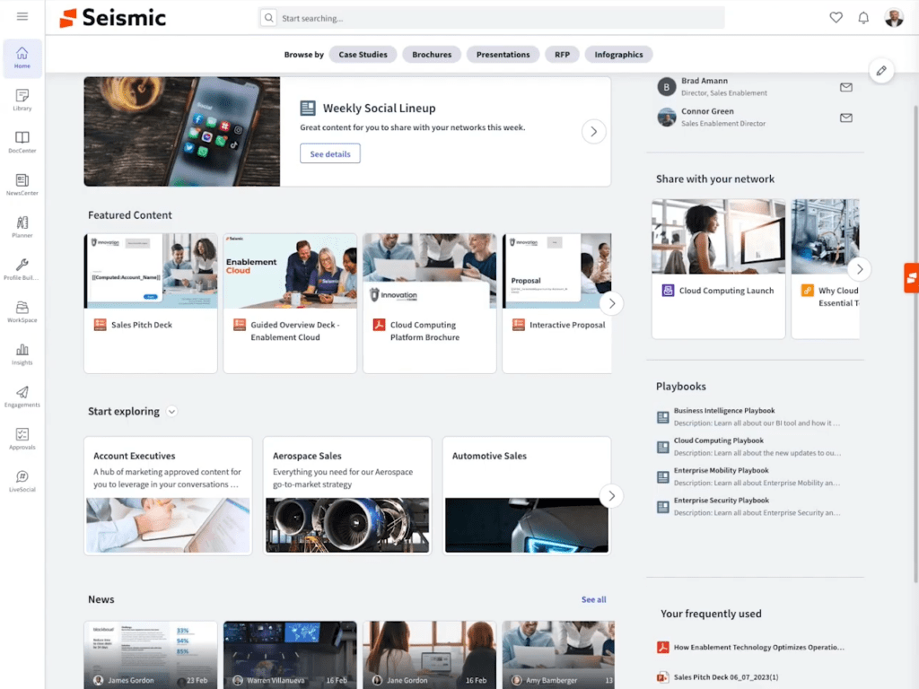 Seismic’s home screen has all main features in the left menu pane and shortcuts to featured content, news, playbooks, and more in the center.