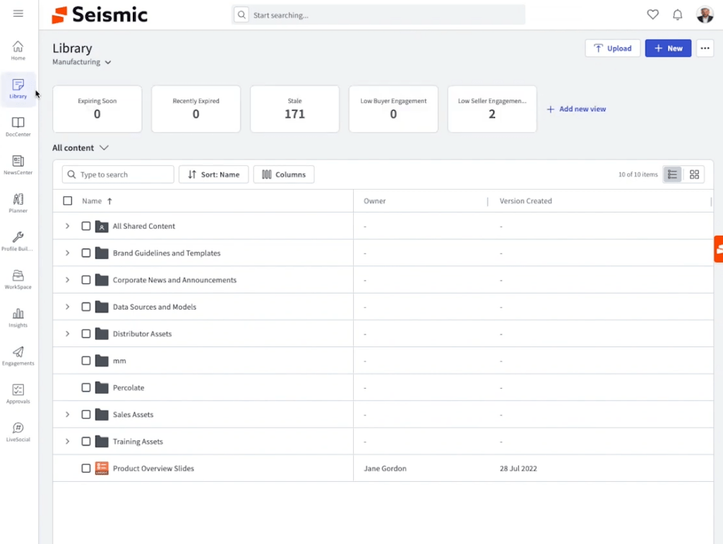 Seismic’s content management system is organized with folders.