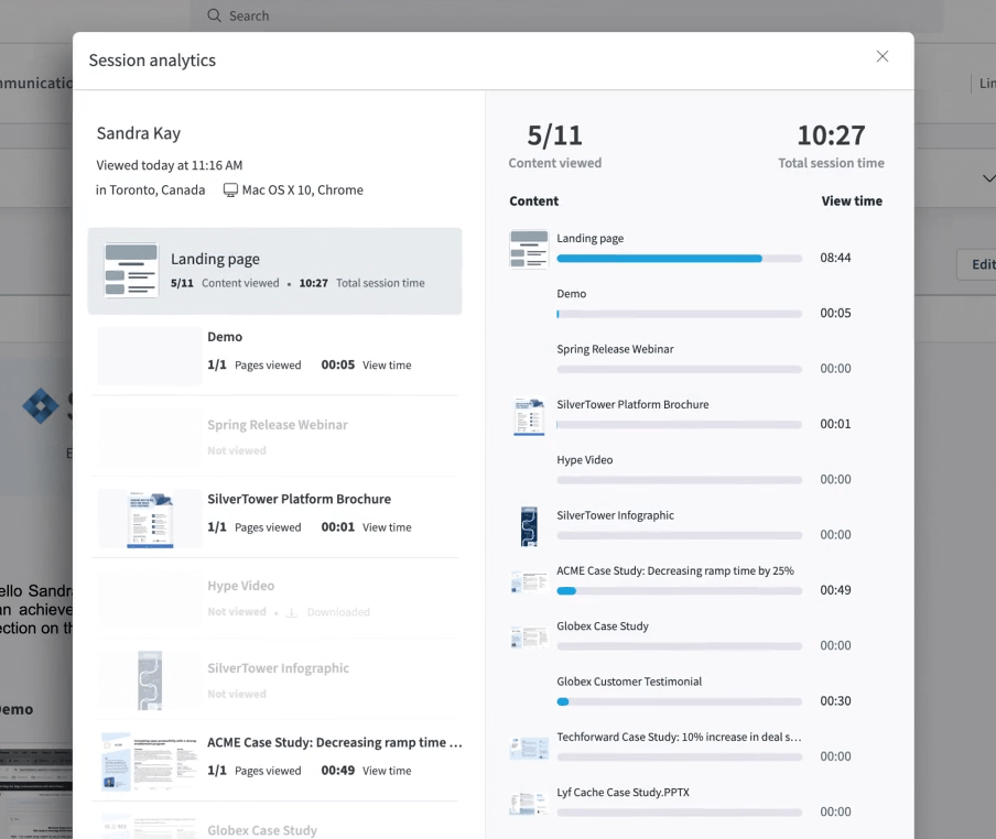 Seismic’s session analytics shows basic engagement information where you can see and compare what content drew the most view time.